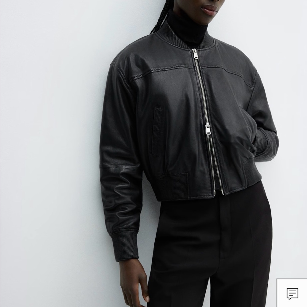 Mango Classic Black Leather Bomber Jacket - Picture 1 of 11